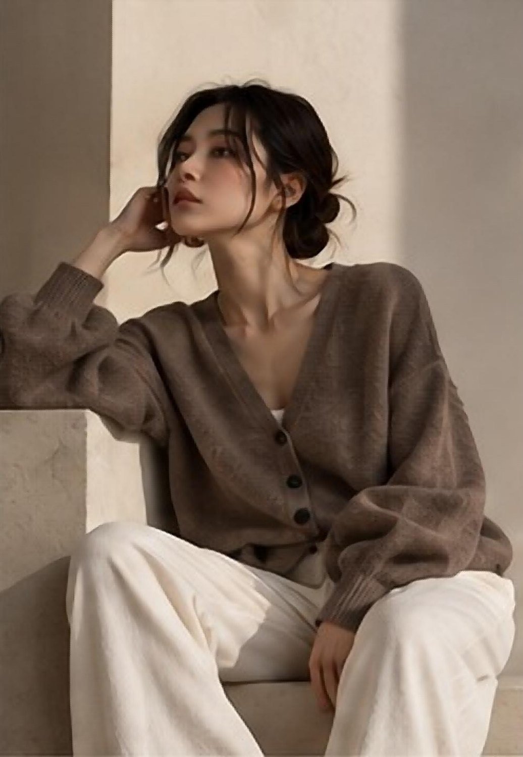 Woman in a taupe cardigan and ivory trousers, seated on a stone block